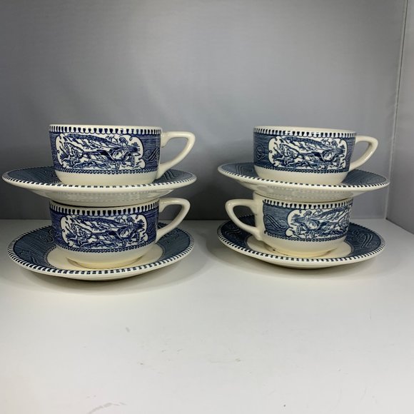 Currier and Ives Set of 4 Tea Cups and Saucers - Picture 1 of 7
